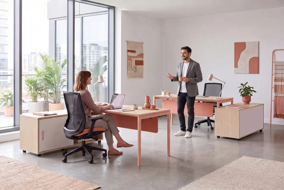 Bureaux individuels Nuanza avec console Bbox Pêche et chêne fil