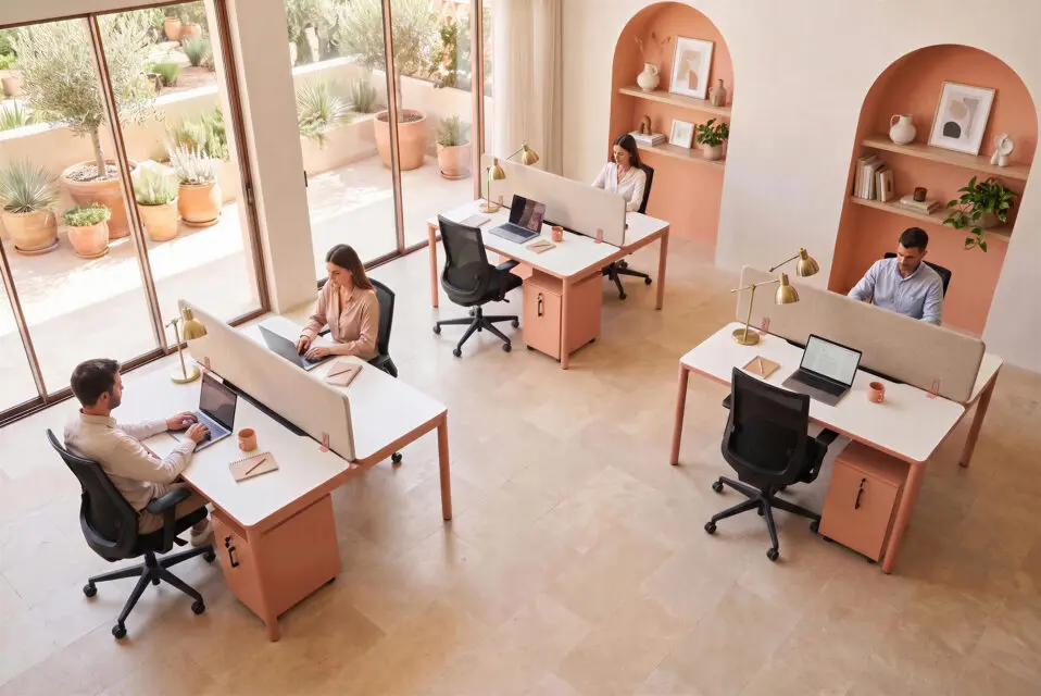 Bureaux multipostes Nuanza finition Pêche et blanc